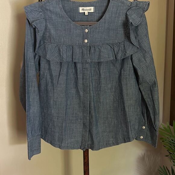 MADEWELL Chambray Ruffled Blouse NWOT - Picture 5 of 7